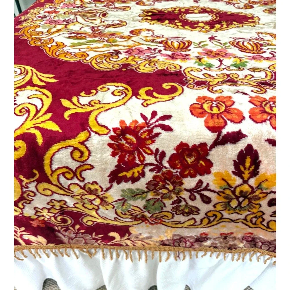 Vtg Velvet Italian Wedding Bedspread QUEEN Cherubs Red Cream 84x96” Fringe MINT
